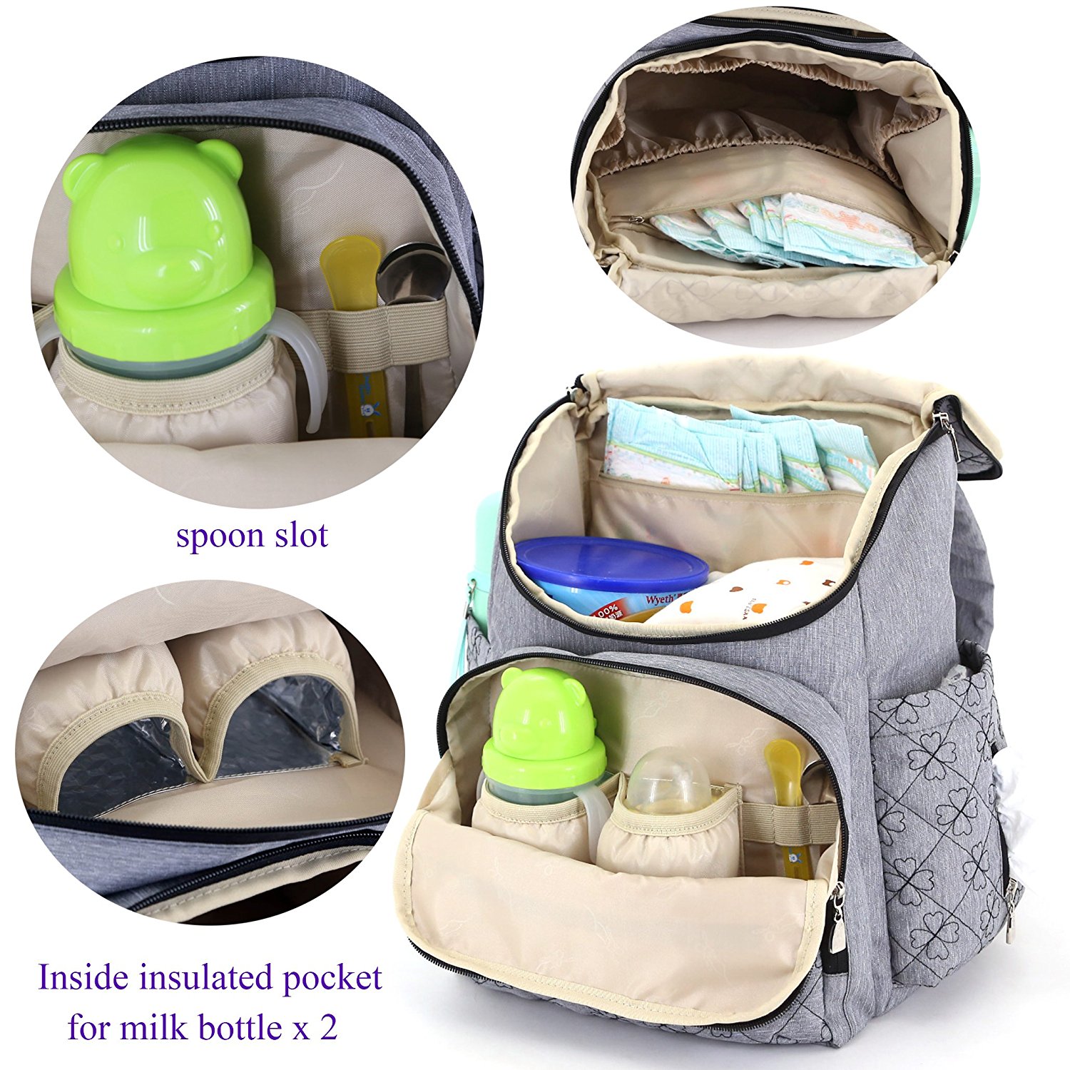 Diaper Bag Backpack With Baby Stroller Straps , Stylish Travel Designer And Organizer For Women & Men, 12 Pockets, Grey_ENZO